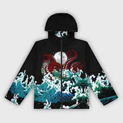 Ветровка с капюшоном женская Корабль на Волнах Кракен, цвет: 3D-черный