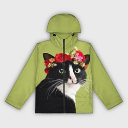 Ветровка с капюшоном женская Кот и цветы, цвет: 3D-черный