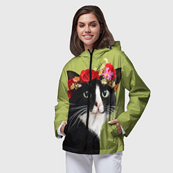 Ветровка с капюшоном женская Кот и цветы, цвет: 3D-черный — фото 2
