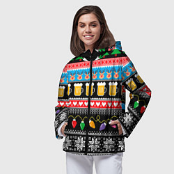 Ветровка с капюшоном женская Новогодний пивной узор, цвет: 3D-черный — фото 2