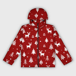 Ветровка с капюшоном женская Новогодние олени и елки на красном фоне, цвет: 3D-черный