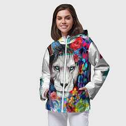 Ветровка с капюшоном женская Лев - сильный взгляд, цвет: 3D-белый — фото 2