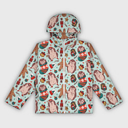 Ветровка с капюшоном женская Новогодний ёжик и щелкунчик, цвет: 3D-белый