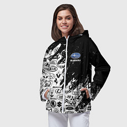 Ветровка с капюшоном женская Subaru - Паттерн логотипов авто, цвет: 3D-белый — фото 2