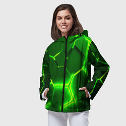 Ветровка с капюшоном женская 3D ПЛИТЫ НЕОН NEON GREEN HEXAGON РАЗЛОМ, цвет: 3D-черный — фото 2