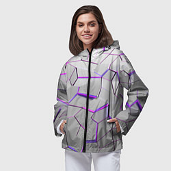 Ветровка с капюшоном женская 3д плиты - белый неон, цвет: 3D-черный — фото 2