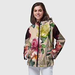 Ветровка с капюшоном женская Цветы Нарисованные Красные Розы и Лилии, цвет: 3D-черный — фото 2