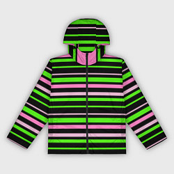 Ветровка с капюшоном женская Полосаты узор в зелено-розовых оттенках на черном, цвет: 3D-черный