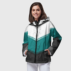 Ветровка с капюшоном женская Абстрактный полосатый серо-бирюзовый узор, цвет: 3D-черный — фото 2