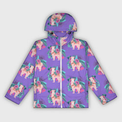 Ветровка с капюшоном женская Розовая альпака с тропическими листьями и цветами, цвет: 3D-белый