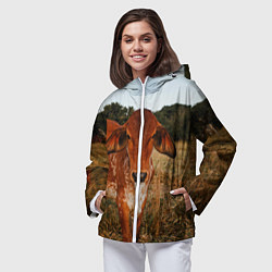 Ветровка с капюшоном женская Коровка на поле, цвет: 3D-белый — фото 2