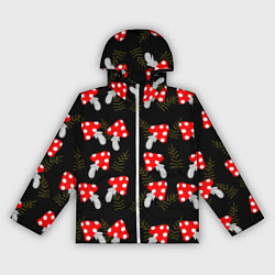 Ветровка с капюшоном женская Мухоморы на черном фоне, цвет: 3D-белый