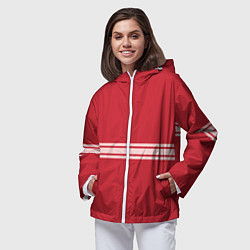 Ветровка с капюшоном женская Три полосы на красном фоне, цвет: 3D-белый — фото 2