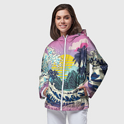 Ветровка с капюшоном женская Штормовые океанские волны и пальмы, цвет: 3D-белый — фото 2