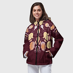 Ветровка с капюшоном женская Узор из осенних листьев и шиповника, цвет: 3D-черный — фото 2