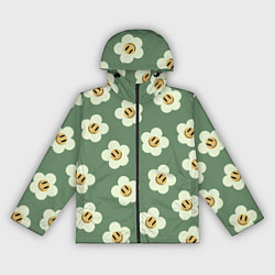 Ветровка с капюшоном женская Цветочки-смайлики: темно-зеленый паттерн, цвет: 3D-черный
