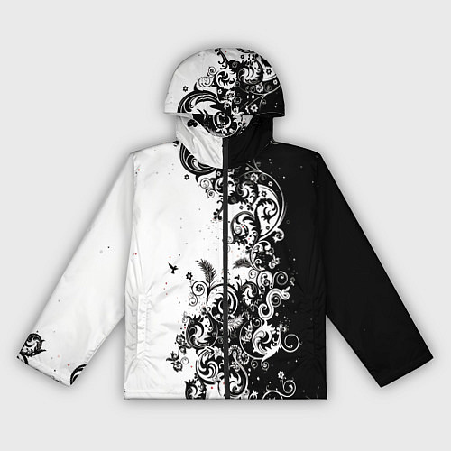 Женская ветровка Черно-белая птица среди узорчатых цветов / 3D-Черный – фото 1