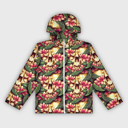 Ветровка с капюшоном женская Черепа среди розовых цветов, цвет: 3D-белый