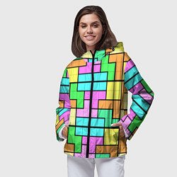 Ветровка с капюшоном женская Стена из блоков тетриса, цвет: 3D-черный — фото 2