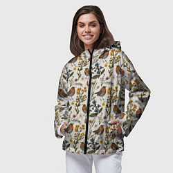 Ветровка с капюшоном женская Птицы малиновки и зверобой, цвет: 3D-черный — фото 2