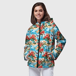 Ветровка с капюшоном женская Гавайский стиль летние цветы, цвет: 3D-черный — фото 2