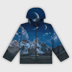 Ветровка с капюшоном женская Ночные горы в природе и небо с нло, цвет: 3D-черный