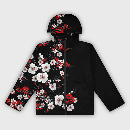 Женская ветровка Белая и красная сакура - цветение / 3D-Черный – фото 1