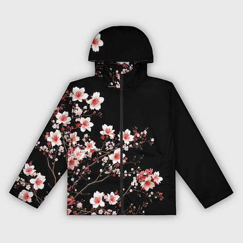 Женская ветровка Цветущая сакура - белые и красные / 3D-Черный – фото 1