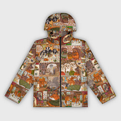 Ветровка с капюшоном женская Коллаж из сказочных зверей - совы, белки, ёжики, цвет: 3D-черный