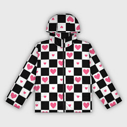Ветровка с капюшоном женская Розовые сердечки на фоне шахматной черно-белой дос, цвет: 3D-черный