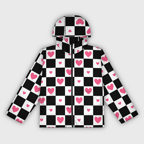 Женская ветровка Розовые сердечки на фоне шахматной черно-белой дос / 3D-Черный – фото 1