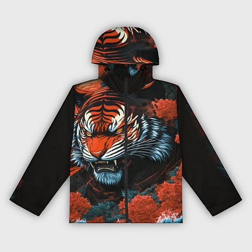 Женская ветровка Тигр с розами на волнах в стиле тату ирезуми / 3D-Черный – фото 1