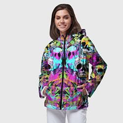 Ветровка с капюшоном женская Зеркальный паттерн из черепов - поп-арт, цвет: 3D-черный — фото 2