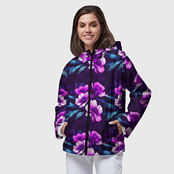 Ветровка с капюшоном женская Цветы неон узор, цвет: 3D-черный — фото 2
