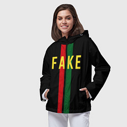 Ветровка с капюшоном женская Fake зелёная и красная полосы, цвет: 3D-черный — фото 2