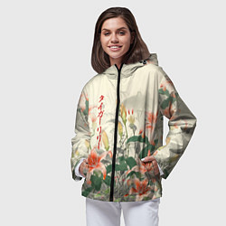 Ветровка с капюшоном женская Тигровые лилии - японский стиль, цвет: 3D-черный — фото 2