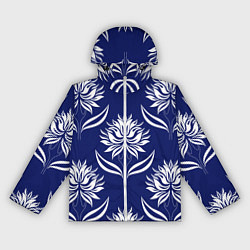 Ветровка с капюшоном женская Абстрактные белые лотосы на синем - паттерн, цвет: 3D-белый