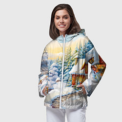 Ветровка с капюшоном женская Дорожка к новогоднему дому, цвет: 3D-белый — фото 2