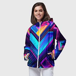 Ветровка с капюшоном женская Геометрическая неоновая абстракция, цвет: 3D-белый — фото 2