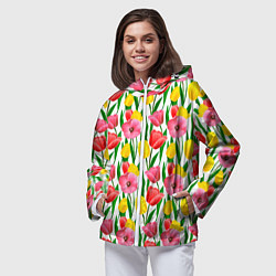Ветровка с капюшоном женская Colorful tulips, цвет: 3D-белый — фото 2