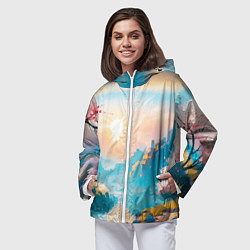 Ветровка с капюшоном женская Японский город вдали и цветущая Сакура у реки, цвет: 3D-белый — фото 2