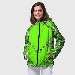 Ветровка с капюшоном женская Белые полосы на зелёном фоне, цвет: 3D-черный — фото 2