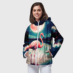 Ветровка с капюшоном женская Розовый фламинго на фоне луны, цвет: 3D-белый — фото 2