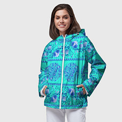Ветровка с капюшоном женская Гжель на бирюзовом фоне, цвет: 3D-белый — фото 2