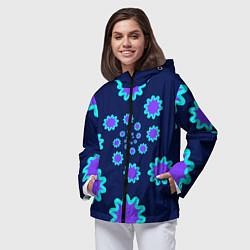 Ветровка с капюшоном женская Спираль фиолетовых звезд с циан контуром на темном, цвет: 3D-черный — фото 2