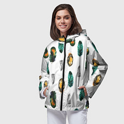 Ветровка с капюшоном женская Перья на белом фоне, цвет: 3D-черный — фото 2