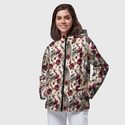 Ветровка с капюшоном женская Цветочный паттерн с павлинами, цвет: 3D-черный — фото 2