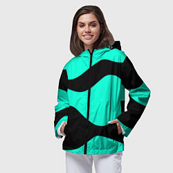 Ветровка с капюшоном женская Бирюзовый в чёрные волнистые полосы абстракция, цвет: 3D-черный — фото 2