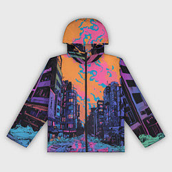 Ветровка с капюшоном женская Киберпанк город в стиле комиксов, цвет: 3D-черный