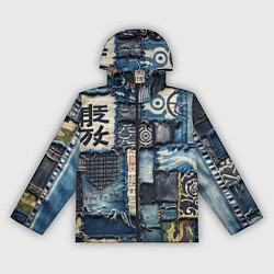 Ветровка с капюшоном женская Иероглифы на пэчворк дениме, цвет: 3D-черный